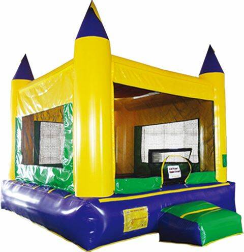 Purple, yellow, and green inflatable bounce house