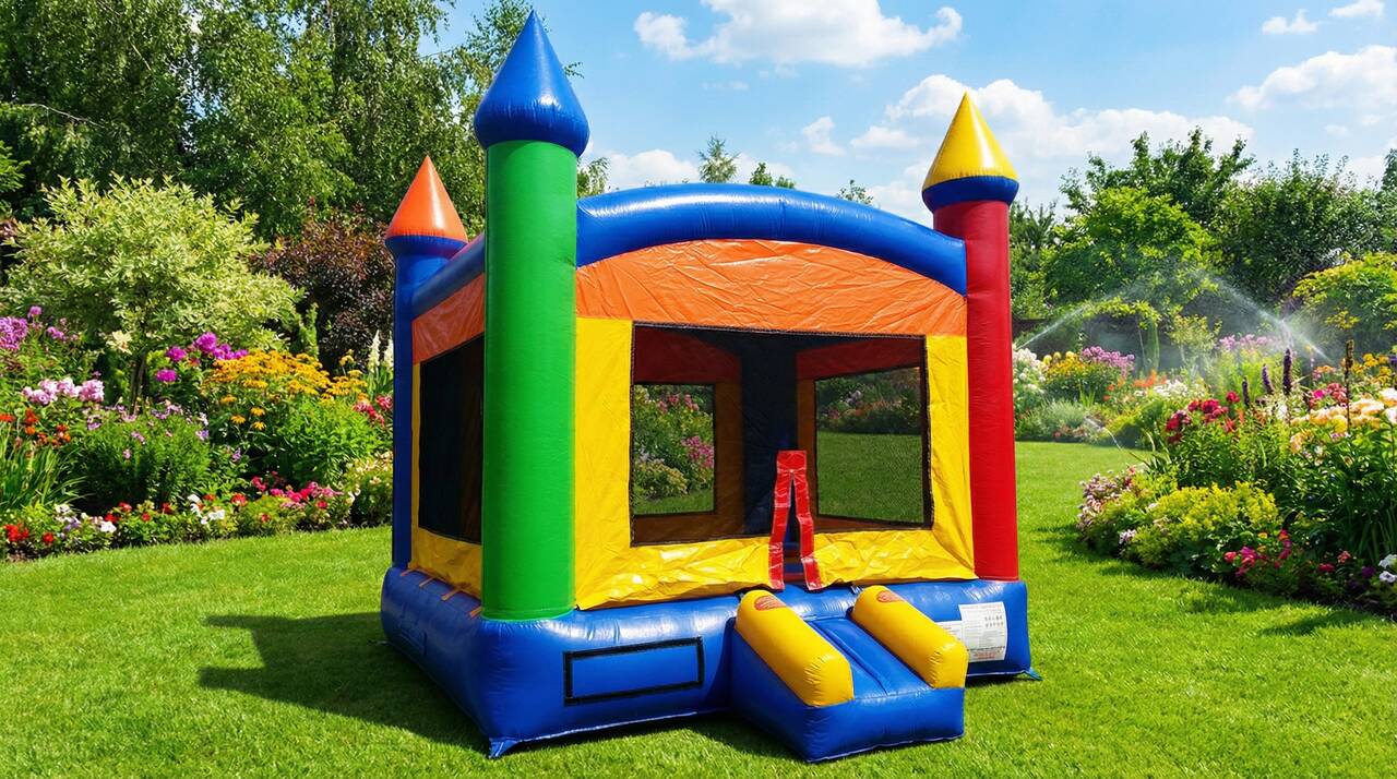 Classic red, yellow, blue, and green castle bounce house