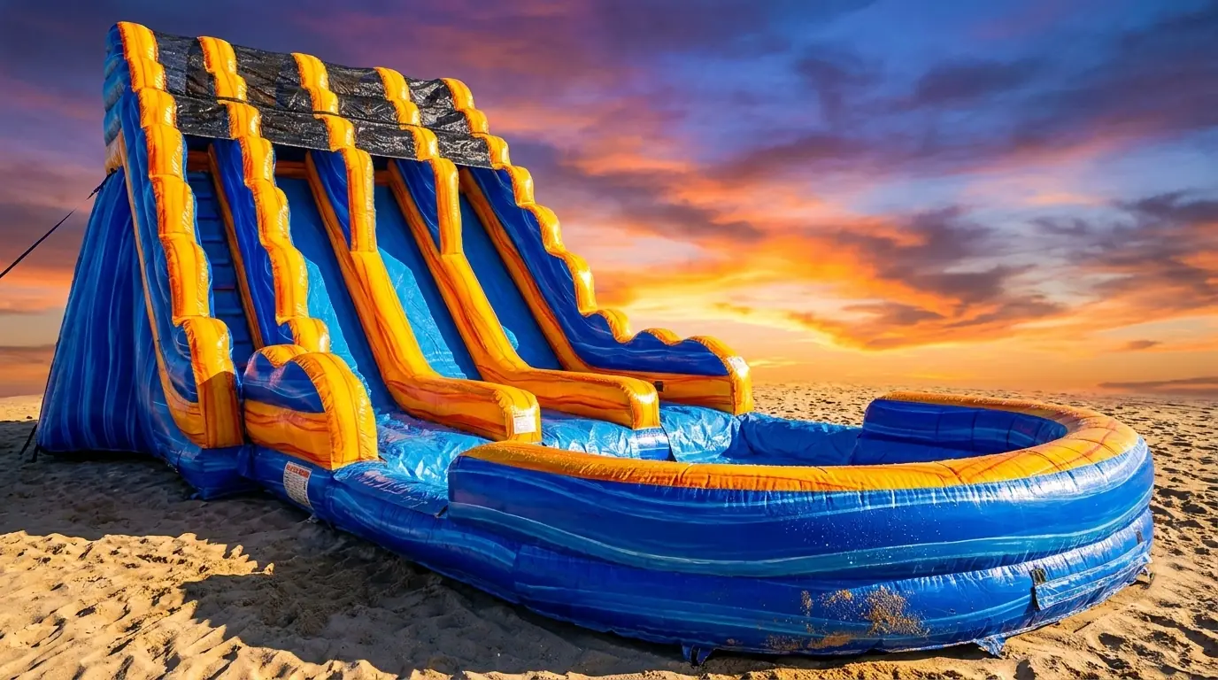 Triple Lane Slide inflatable water slide in a styled sunset beach scene